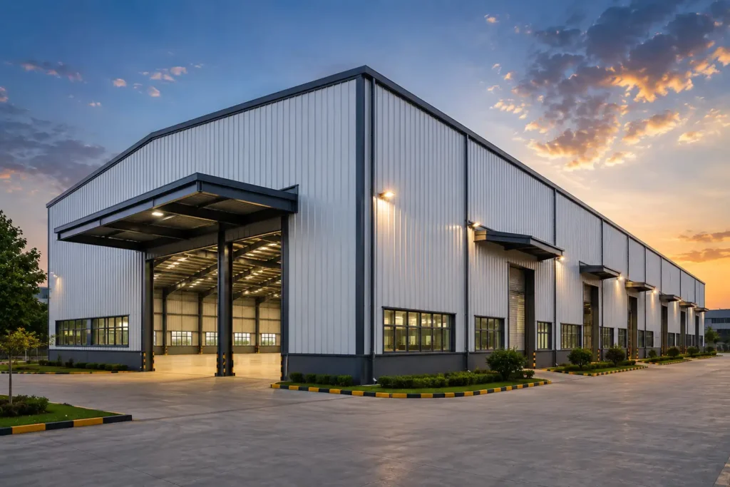 Modern industrial warehouse built using pre engineered building technology