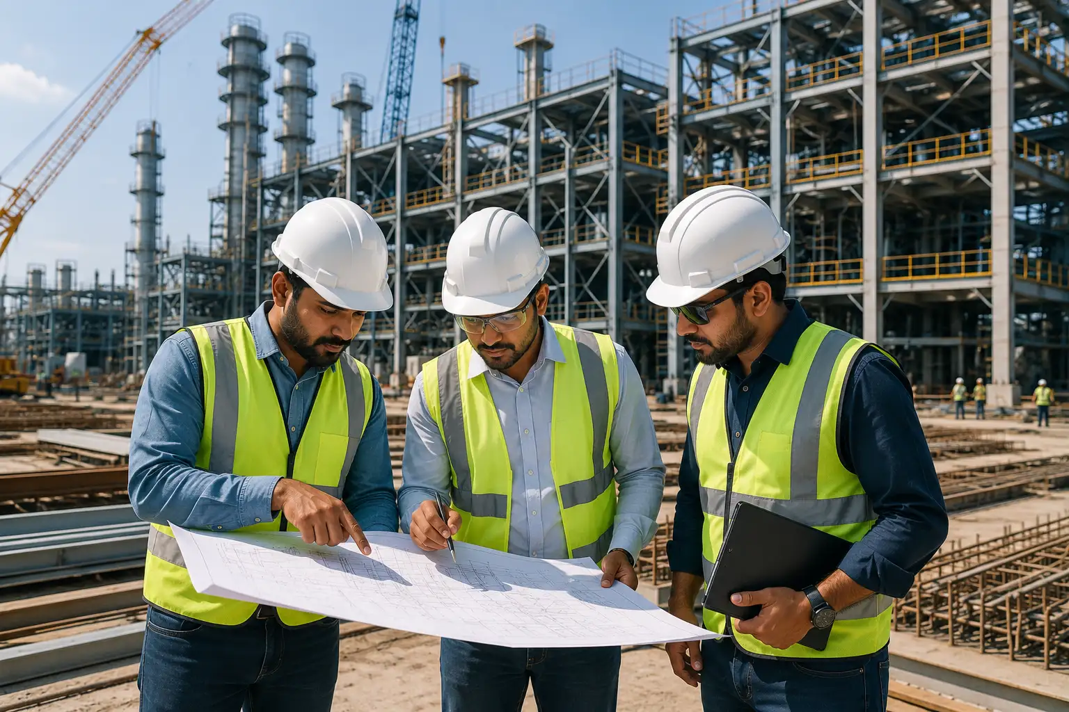 Engineering consultants conducting quality inspection and structural review at an industrial construction site