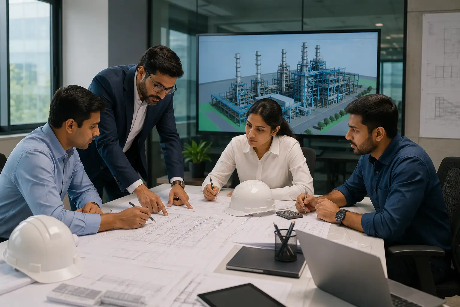 Engineering consultants reviewing industrial project blueprints before construction execution