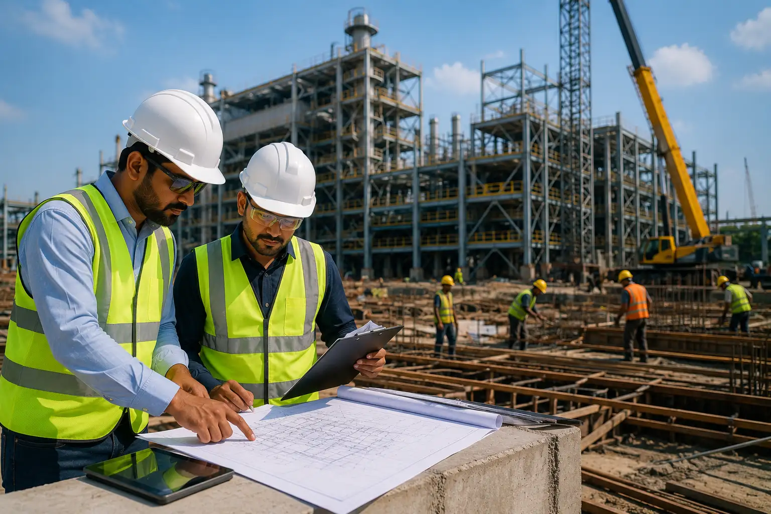 Engineering consultants monitoring industrial project execution for quality, safety, and timely delivery