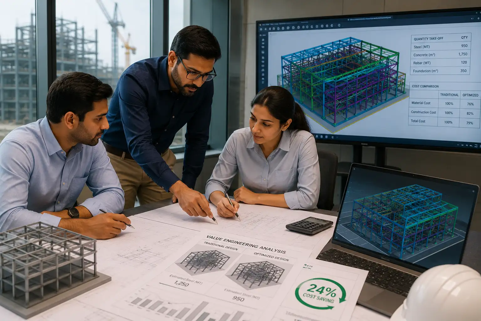 Engineering consultancy team discussing industrial structural design and project planning